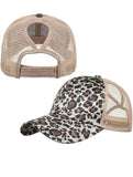 Leopard Ponytail Trucker hat w/Velcro interchangeable Leather patch